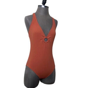 Kona Sol Women's Ribbed One Piece Swimsuit Size M Orange